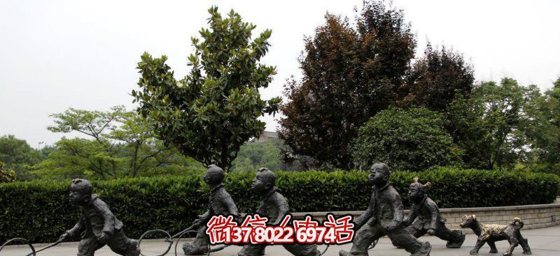推鐵環，兒童奔跑，公園雕塑銅雕