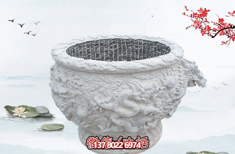 漢白玉石雕龍浮雕水缸雕塑，為庭院增添優雅氣息